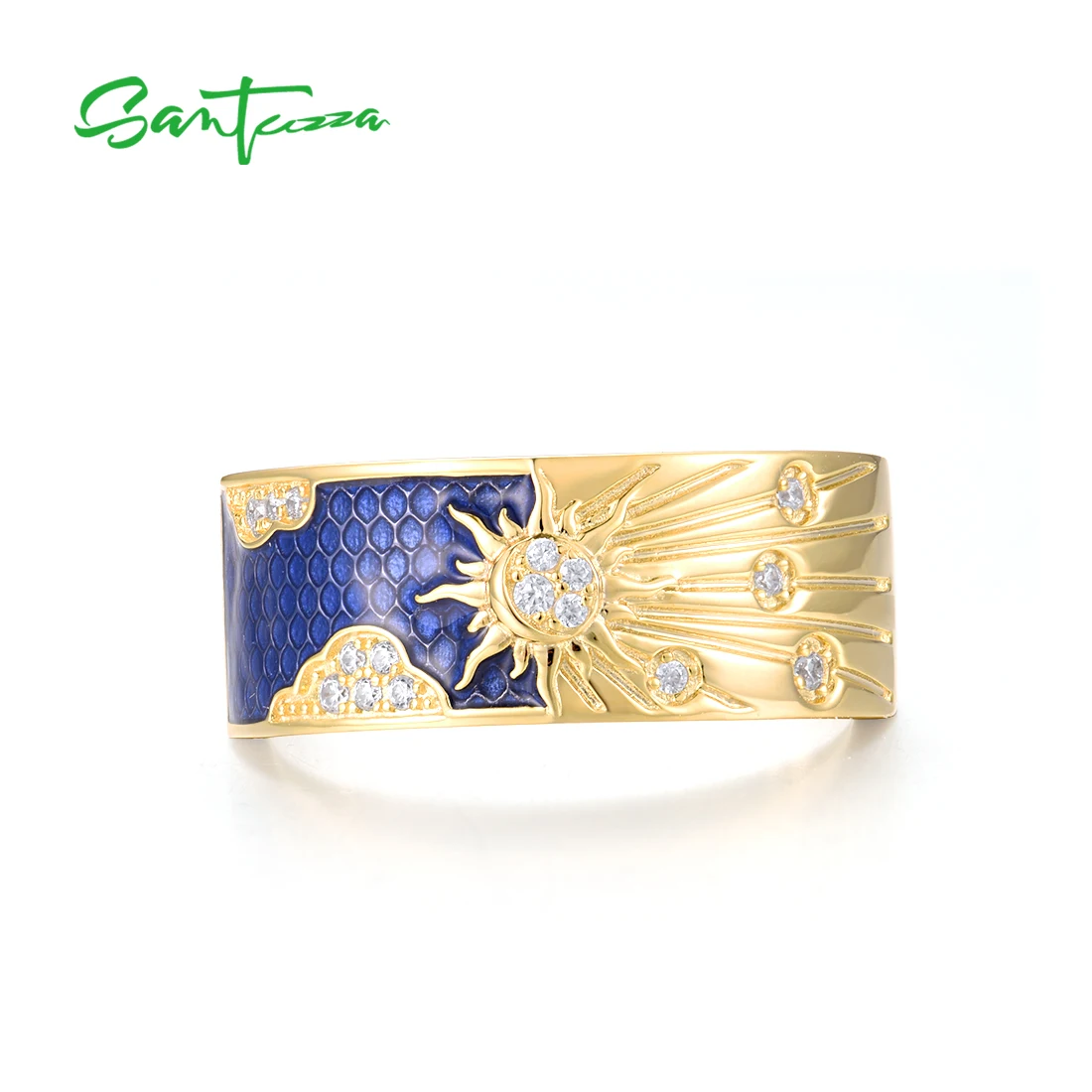 SANTUZZA Pure 925 Sterling Silver Rings For Women Sparkling White CZ Creative Enamel Blue Sky&Sun Party Gifts Fine Jewelry