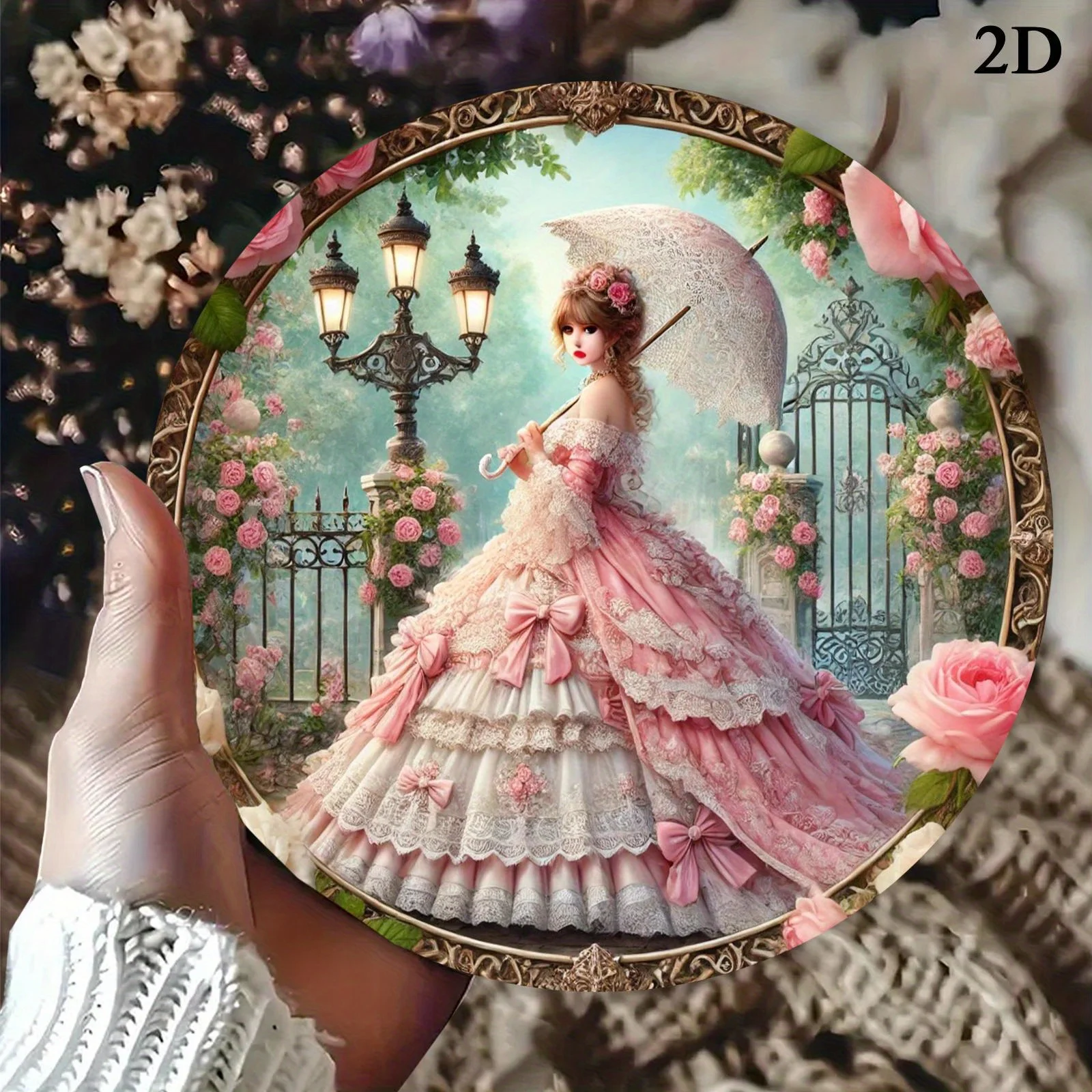 Eine elegante Frau mit einem Regenschirm, 1 Stück, 7,8 x 7,8 Zoll, runde Aluminium-Wandkunst, 2D-Flachdruck – langlebige Metallbeschilderung für Café, Bett