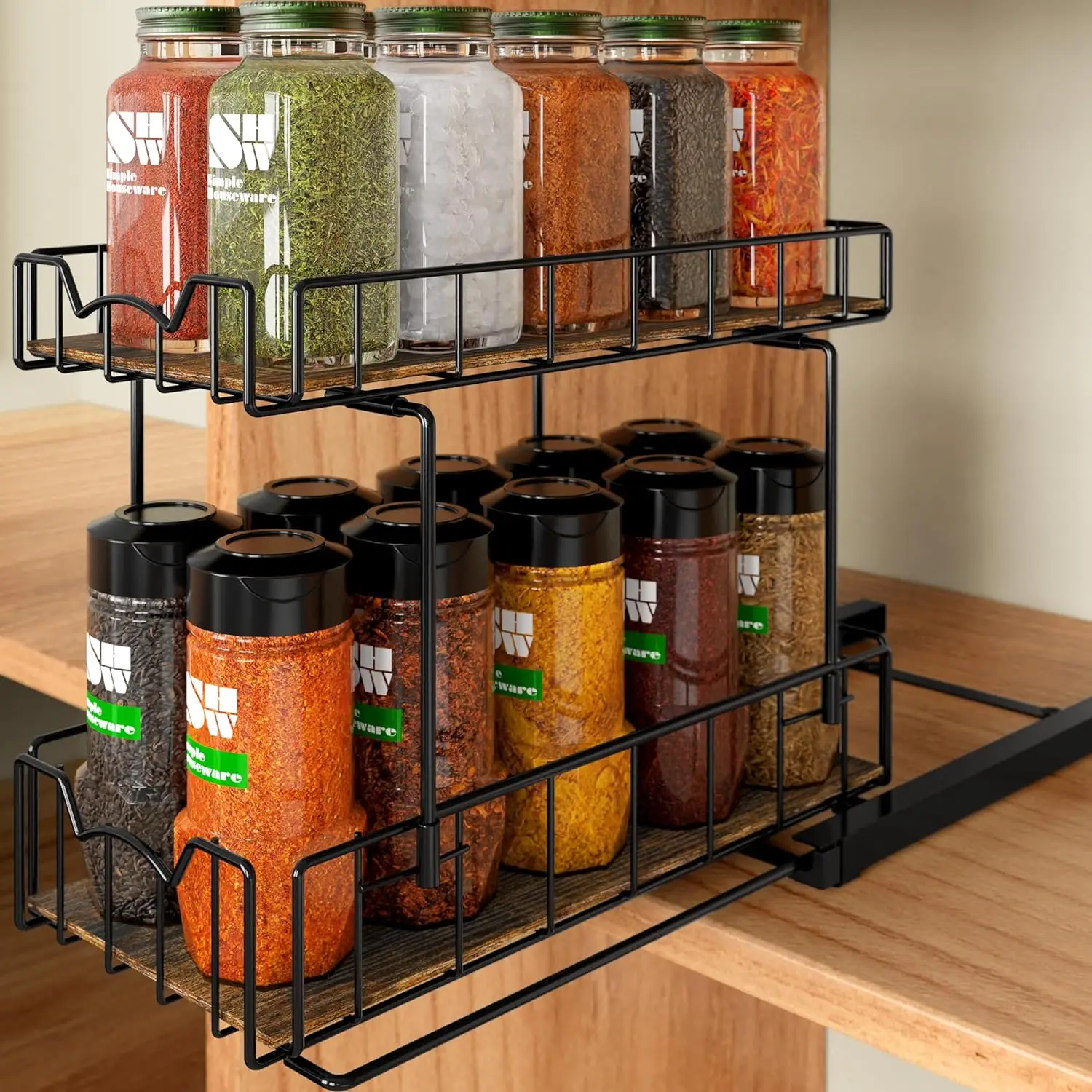 

2-Tier Spice Rack Slide Out Wire Basket Drawer Organizer, Black