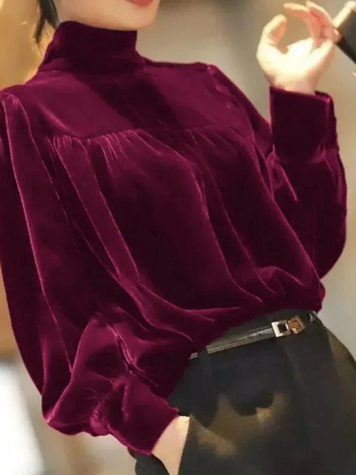 Gold Velvet Base Shirt Loose Women's Autumn Winter New Style T-shirt Half High Collar Outerwear Fashionable Top Women