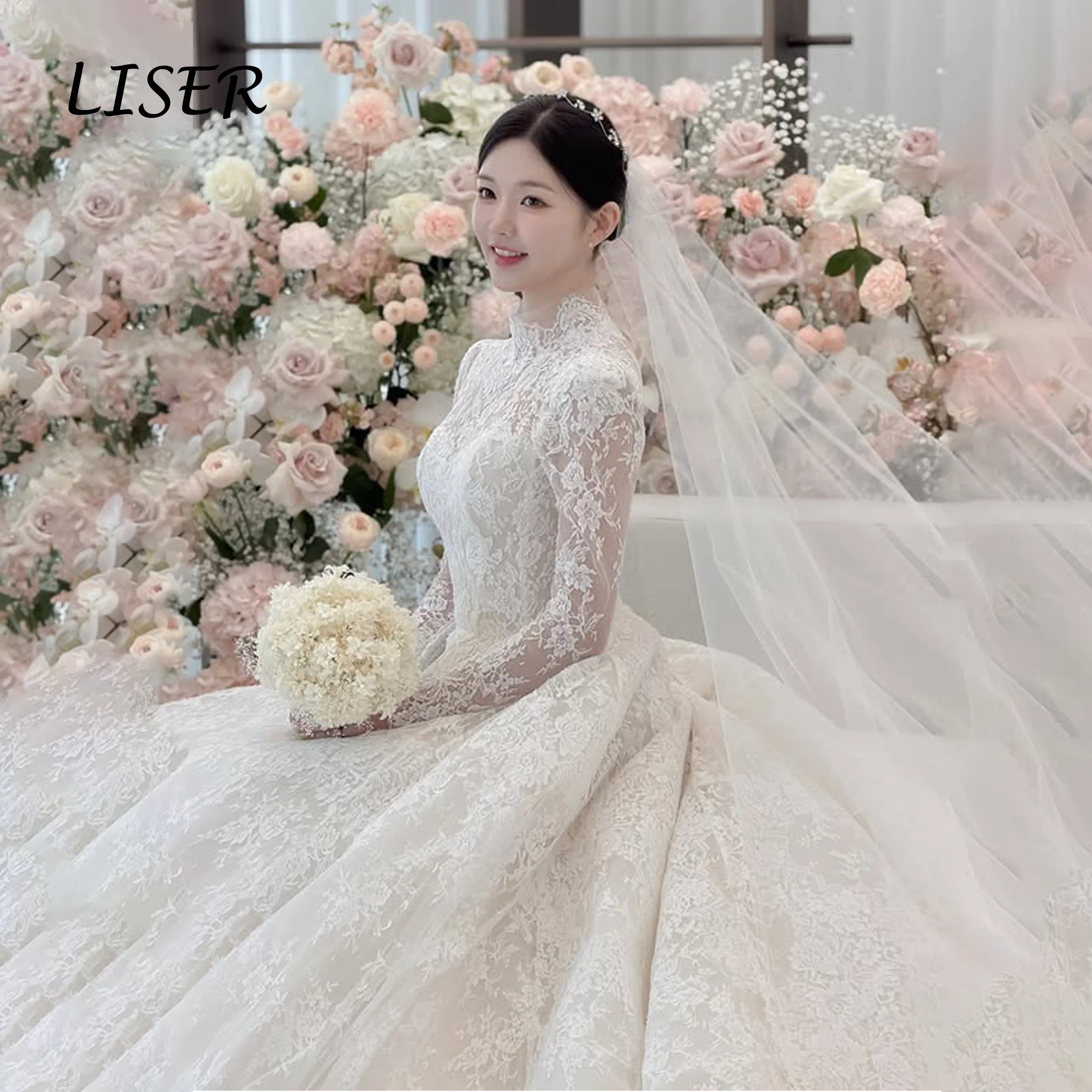 Liser Glamorous High Neck Wedding Dress Full Sleeve A-line Sweep Train Lace Korea Wedding Dress Photo Shoot 웨딩드레스 Customized