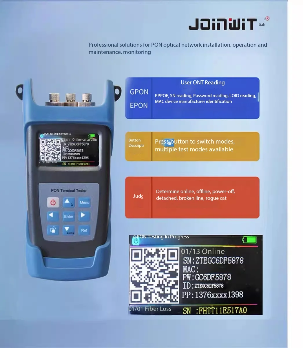

Тестер состояния сетевых терминалов PON JW3318A, инвентаризация ресурсов, чтение онлайн-данных пользователя, проверка ONU, SN, MAC, пароля, LOID, ONT, онлайн/офлайн-режим