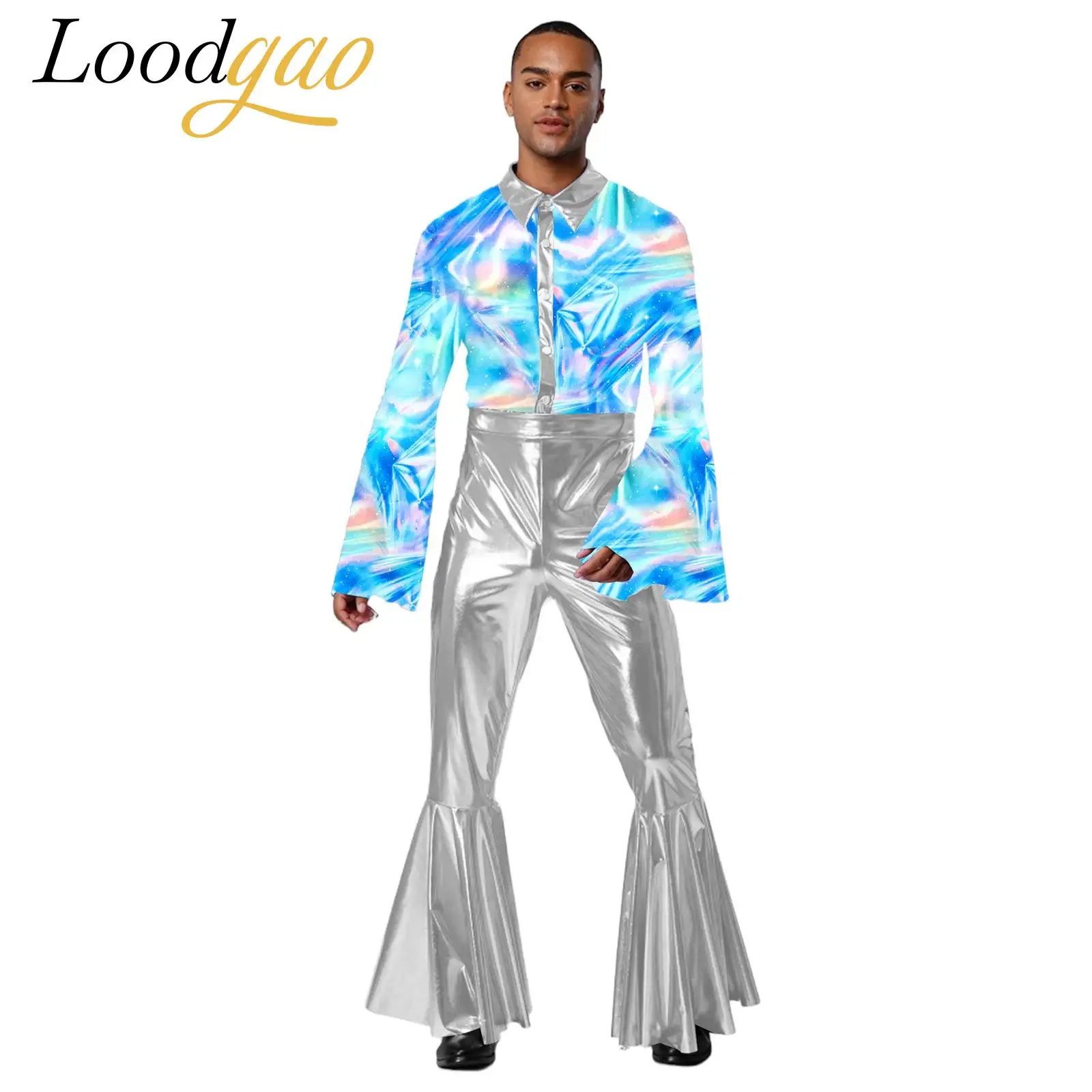 

Men Retro Party 70s Disco Costume Clubwear Shiny Hippie Jumpsuit Flares Tassel Pants Metallic Romper Halloween Cosplay Costume