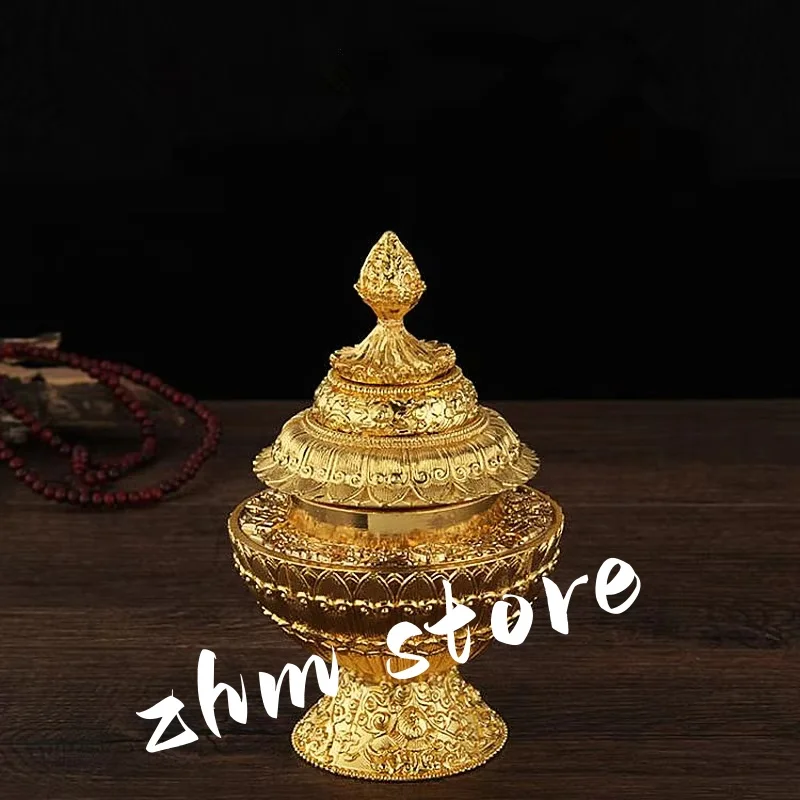 

17cm Gold Alloy Metal Collective Lucky Auspicious Plated Carving Tibetan Buddhist Tranic Home Office Putting Decoration