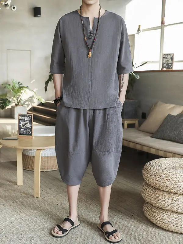 

Summer Youth Casual Cotton Linen ort Sve Hanfu Set Buddhist Sle Ancient Chinese Faion Men's Clothing Traditional Eth...