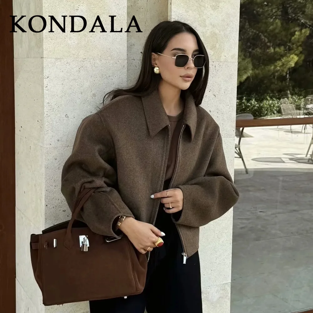 KONDALA 2026 Spring Women Casual Solid Jackets Fashion Streetwear Zipper Turn Down Collar Chic Ladies Jackets