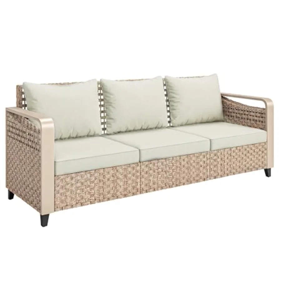 Outdoor Patio Couch with Wide and Deep Seat 3 Seater Wicker Outdoor Sofa with Wide Metal Armrests Patio Furniture Couch with Cu