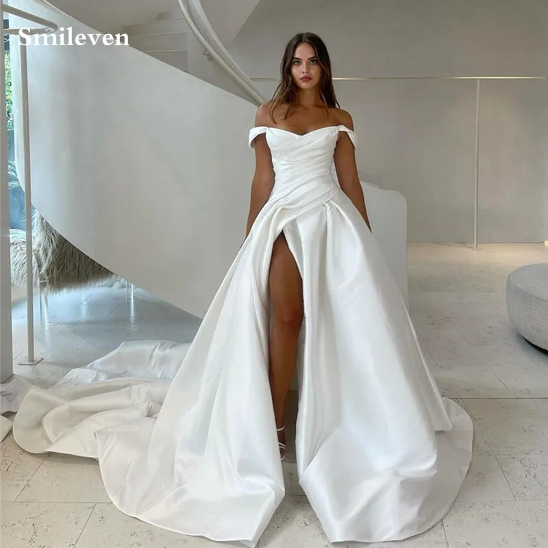 

Smileven Satin Wedding Dress A Line Off The Shoulder Bridal Gowns Modest vestidos de novia 2024 Side Split Bride Dresses