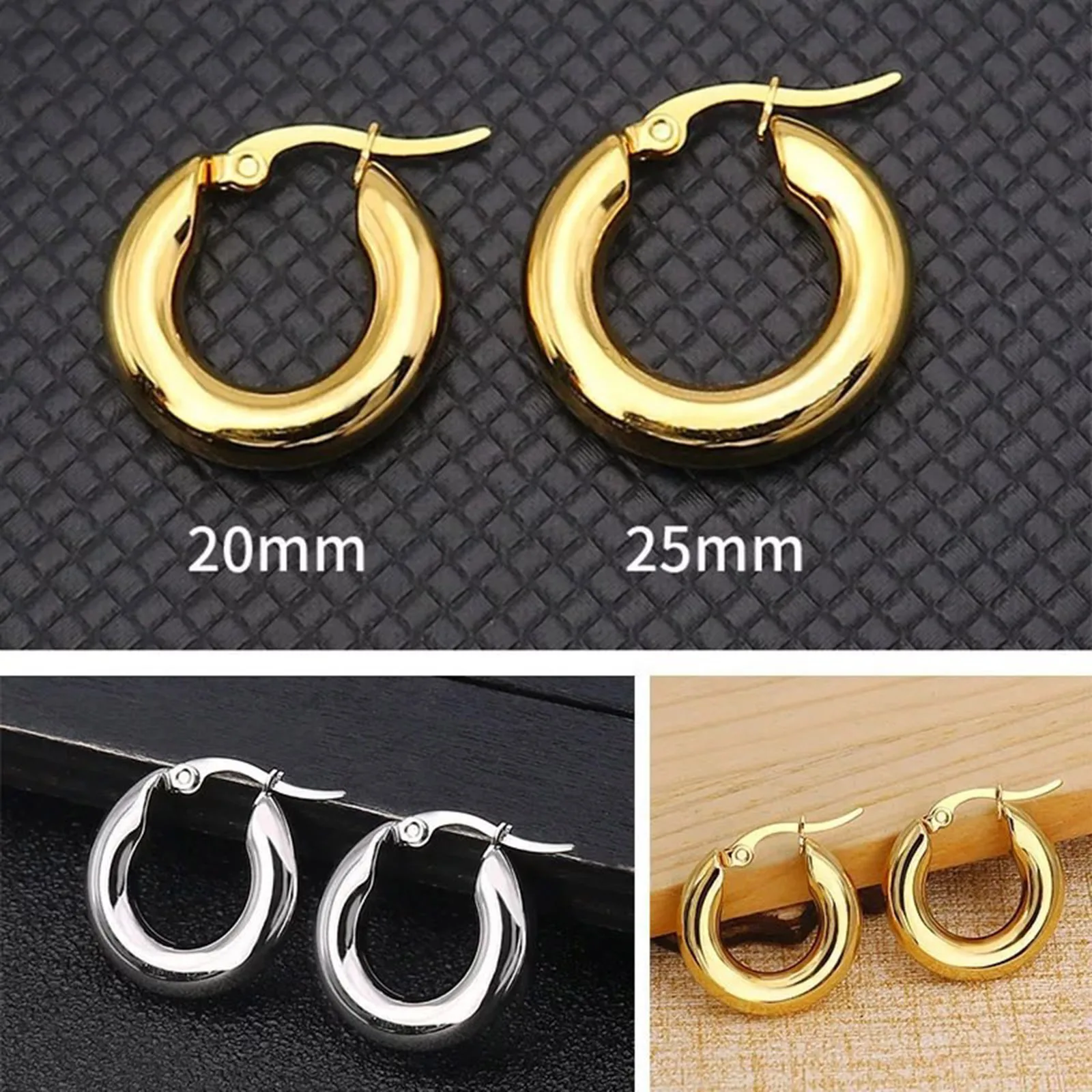 1 Pair Fashion Stainless Steel Chunky Hoop Earrings For Women Smooth Thick Circle Earrings Exaggerated Punk Unisex Rock Jewelry