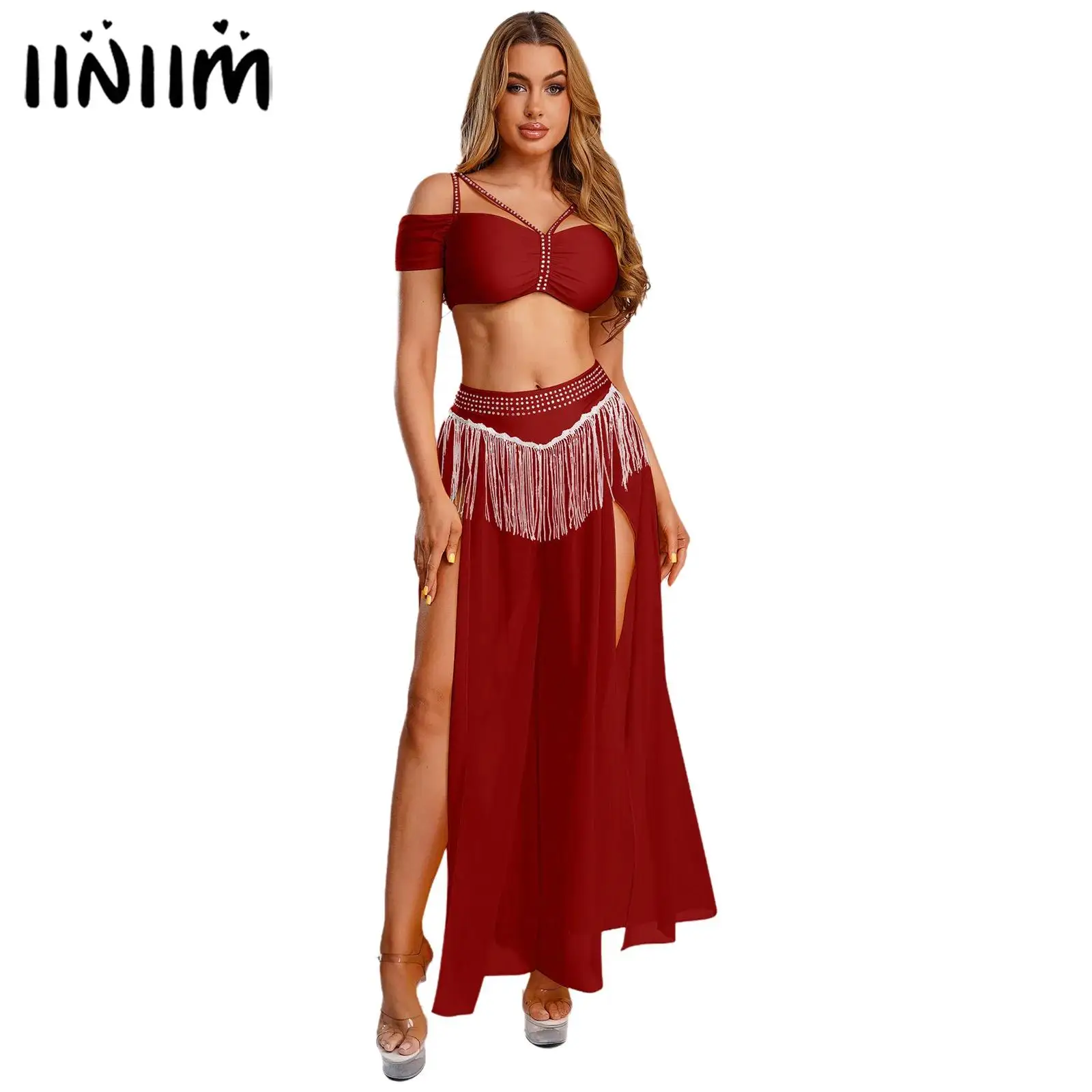 

Женский костюм для восточного индийского танца, костюм для танца живота, укороченный топ со стразами на талии, брюки-кюлоты с кисточками и блестками