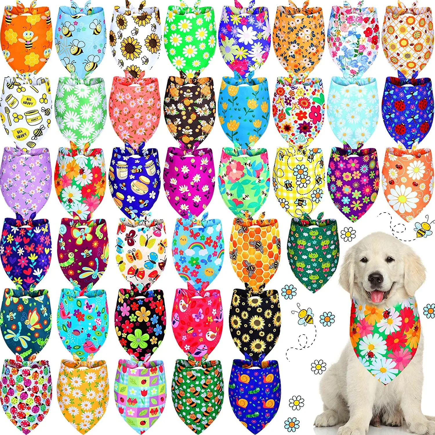 30Pack Spring  Floral And Summer Fruit Cute Dog Bandanas Soft Triangle Dog Scarfs Polyester Bandana for Small Medium Large Pets