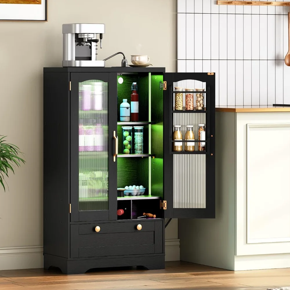 

Kitchen Pantry Cabinet with LED Lights and Charging Station, Freestanding Cupboard Utility Hutch Cabinet with Storage & Microwa
