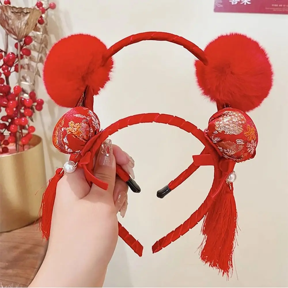 Red Hairband New Year Hair Band Tassel Flower Red Bow Headband New Year Headwear Felt Hair Hoop Chinese Style Headdress