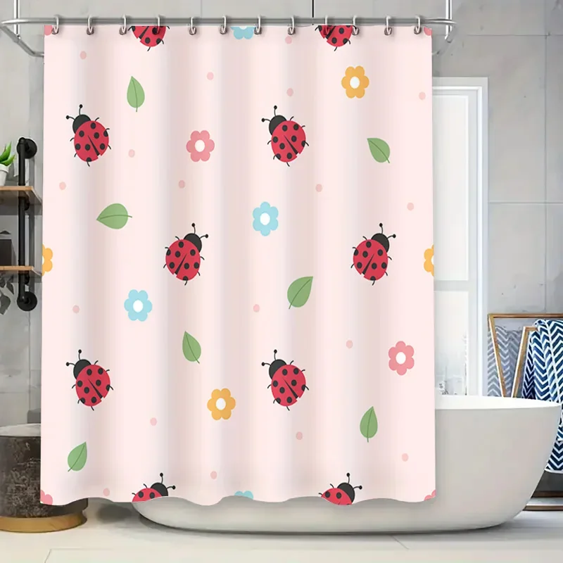 

Bathroom Decor Shower Curtain Waterproof Fabric Cartoon Floral Fly Ladybug Print Home Decoration Pink (180cm)