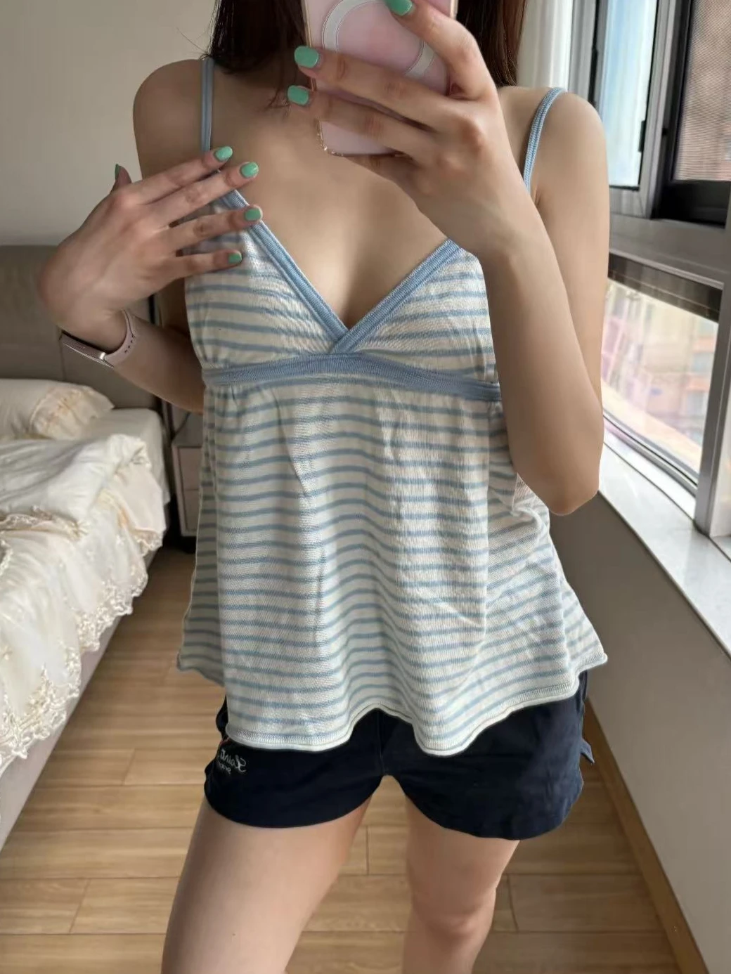 Vintage Blue White Striped Neck Camisole Women Spaghetti Strap Empire Waist Babydoll Sleeveless Top Y2K Kawaii Casual Swing Tank