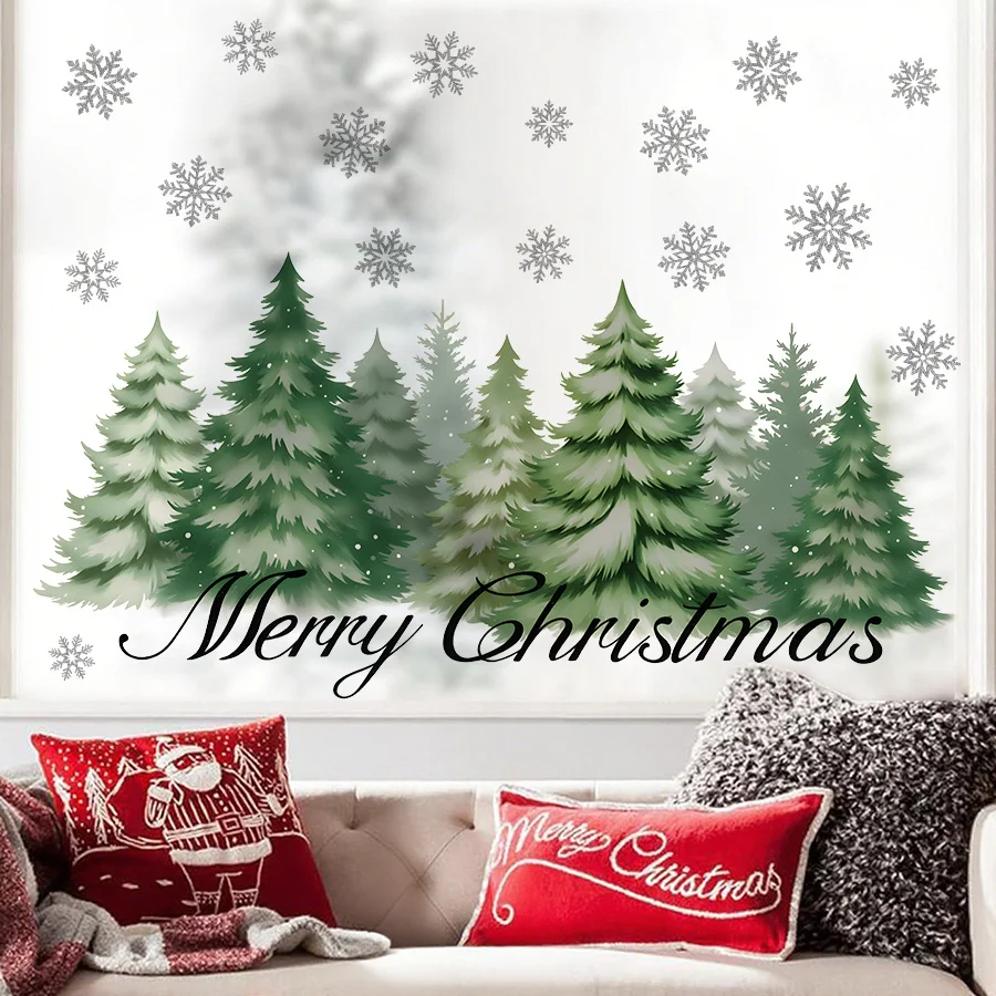 1pcChristmas Window Sticker Watercolor Tree Snowflake Decal Merry Christmas Self-Adhesive Removable Wall Sticker Glass Window