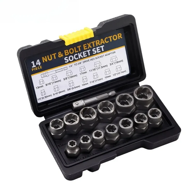 14 Piece Set of Nut Extractor with Reverse Teeth, Sliding Teeth, Hexagonal Socket, Broken Screw, Damaged Nut Extractor