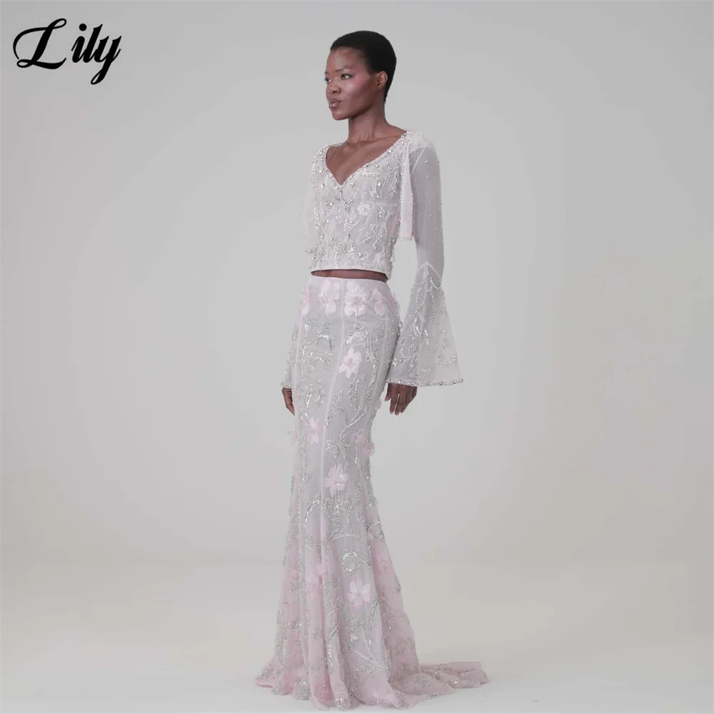 Lily Light Pink Two Piece Formal Gown 3D Floral Crystal Beaded MermaidEvening Dress Long Flare Sleeve Modern Style Customized
