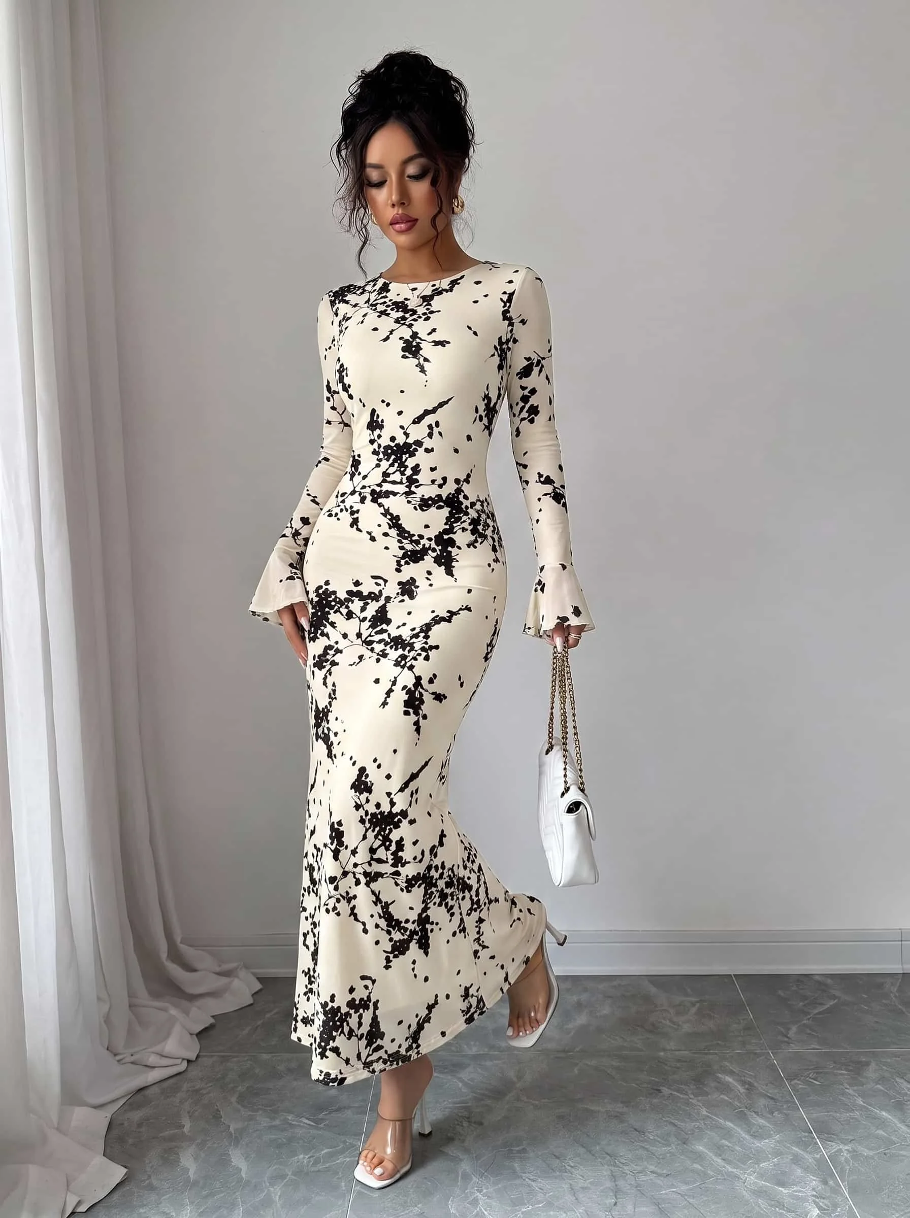 Damen Mesh Langarm Blumenmuster Maxikleid mit ausgestellten Ärmeln, figurbetontes Meerjungfrauenkleid, elegantes Abendkleid für Party und Clubwear. – Detail 15