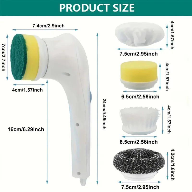 فرشاة التنظيف الأوتوماتيكية - مادة إسفنجية، إزالة البقع القوية، رؤوس فرشاة متعددة، مقبض