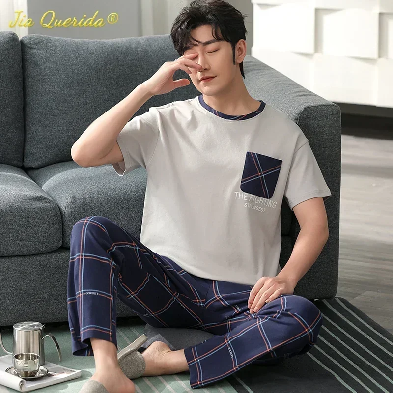 SUKAE Elegant Mens Pajamas Summer Knitted Cotton Leisure Sleepwear for Men O-neck Short Sleeved Long Pants Pijamas Set for Boy