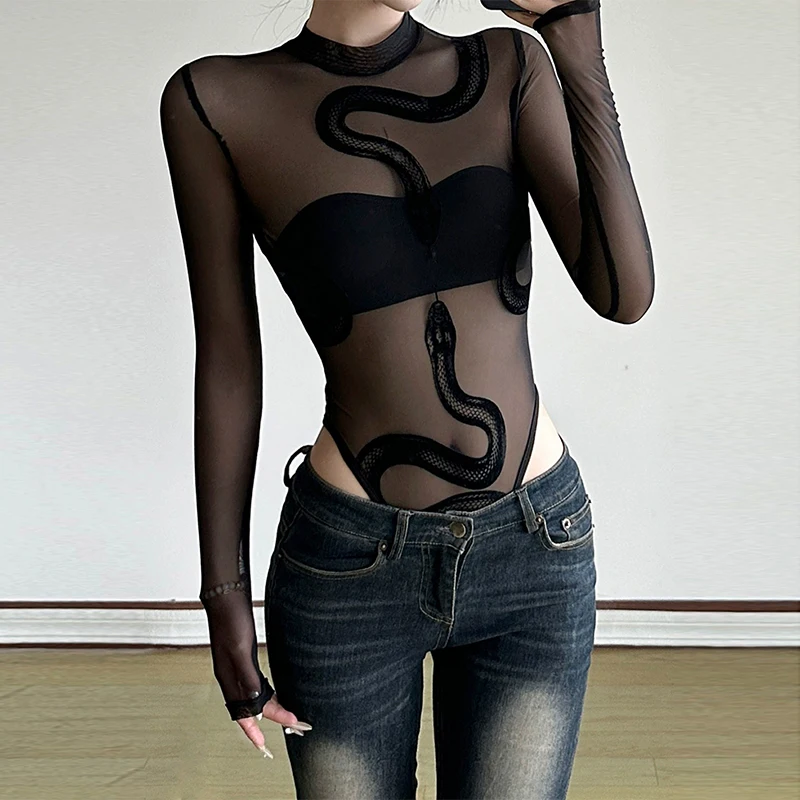 New spicy girl snake print perspective sexy splicing round neck mesh bodysuits for women