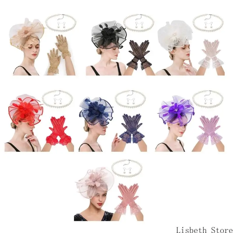 

124A Fascinator Headpiece Gloves Necklace Set For Daily Wear Special Event Lace Flower Hat for Masquerades Coctail Party