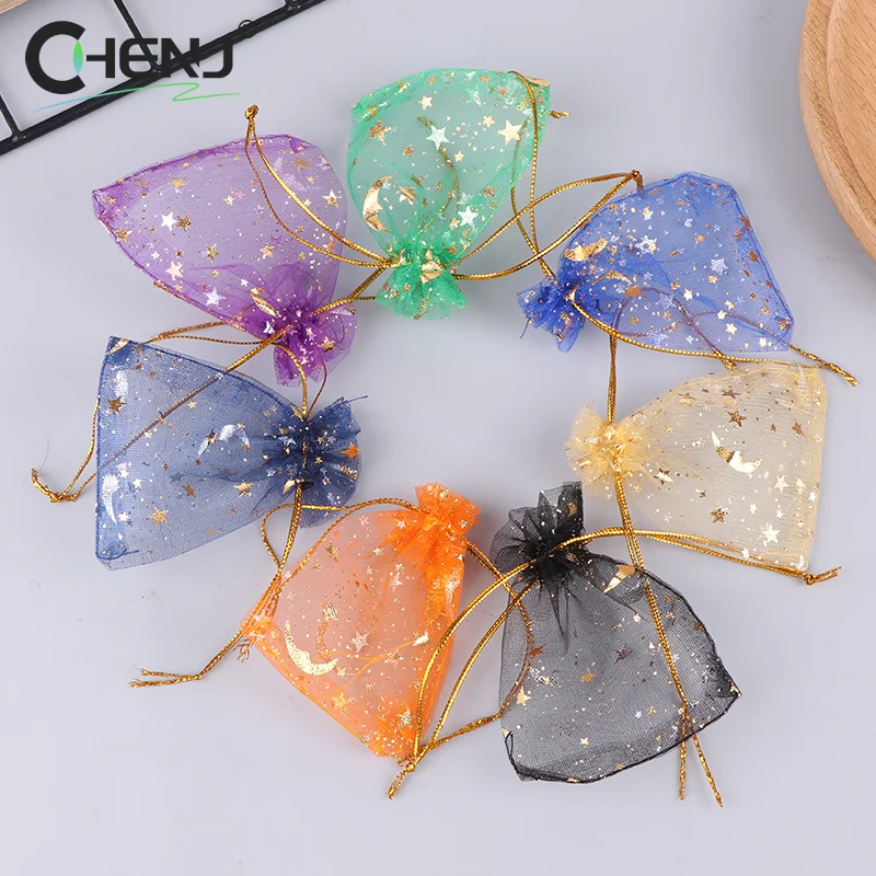 100pcs/lot Star Moon Organza Jewelry Bags Tulle Sheer Sachets Drawstring Gift Bag Wedding Party Favor Pouches Jewelry Organizer