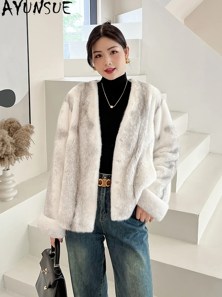 AYUNSUE Giacca in pelliccia di visone in velluto naturale Donna con scollo a V Giacca invernale in visone intero di lusso per abiti da donna Alta qualità │фта Сadeirasхом