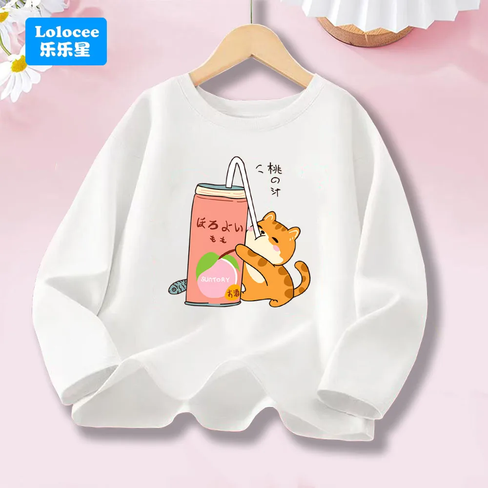Frühling Herbst Kinder Langarm T-Shirt Nette Saft Katze Druck Straße Rundhals Pullover Tops Kleidung Lustige Outdoor T Shirts MHDYL1