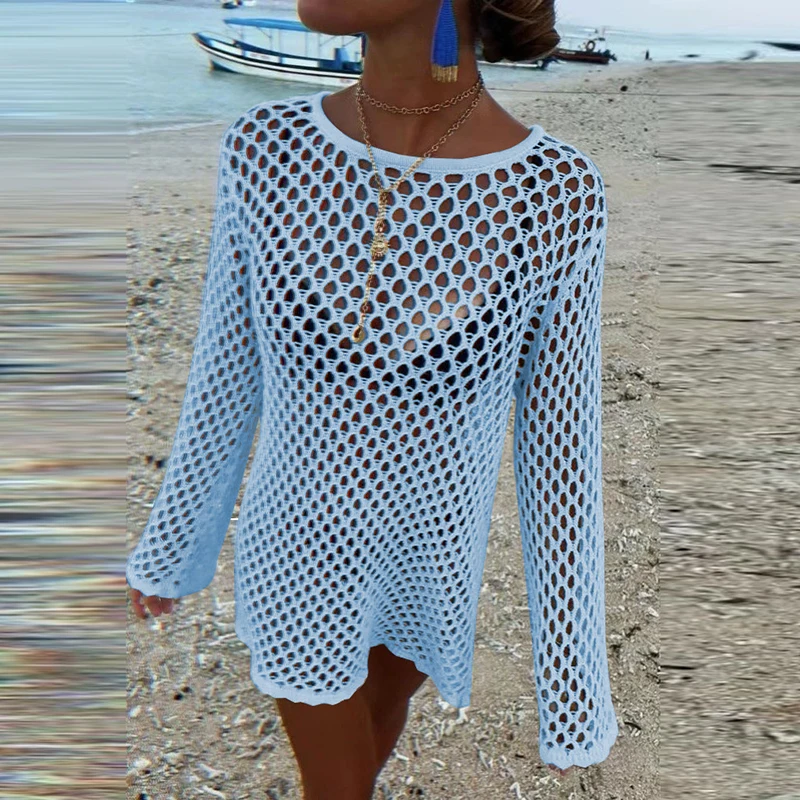 Seaside Hollow Out One Piece Vacation Covers Summer Solid knitted Fish Mesh Pullover Tops 2025 Long Sleeve White Full Dresses