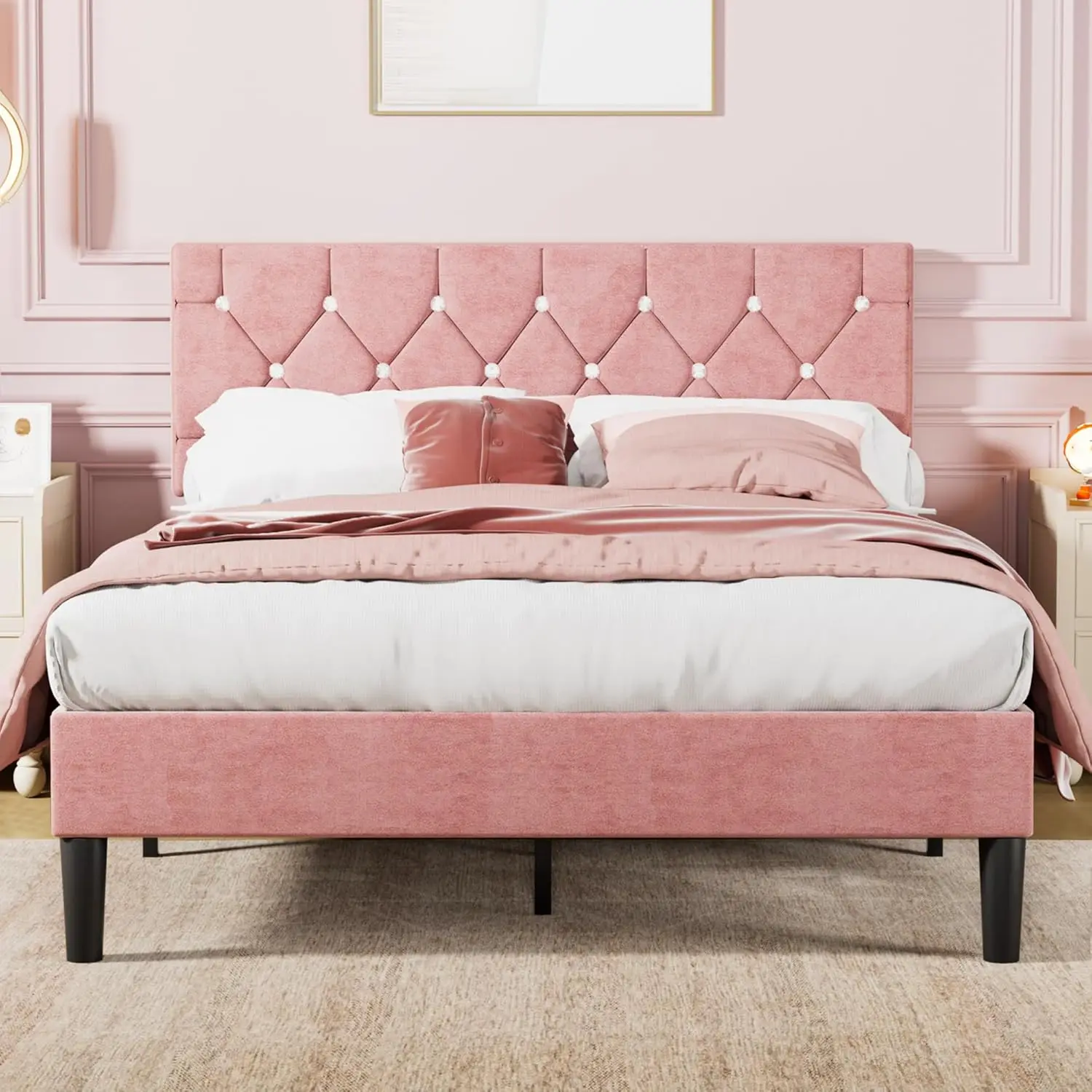 Upholstered Platform with Adjustable Diamond Tufted Headboard, Wood Slat Support, No Box Spring Needed