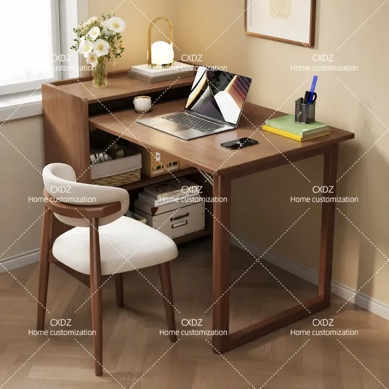 Solid Wood Folding Desk with Bookcase Compact Computer Table for Small Apartment Home Bedroom Study Simple Design