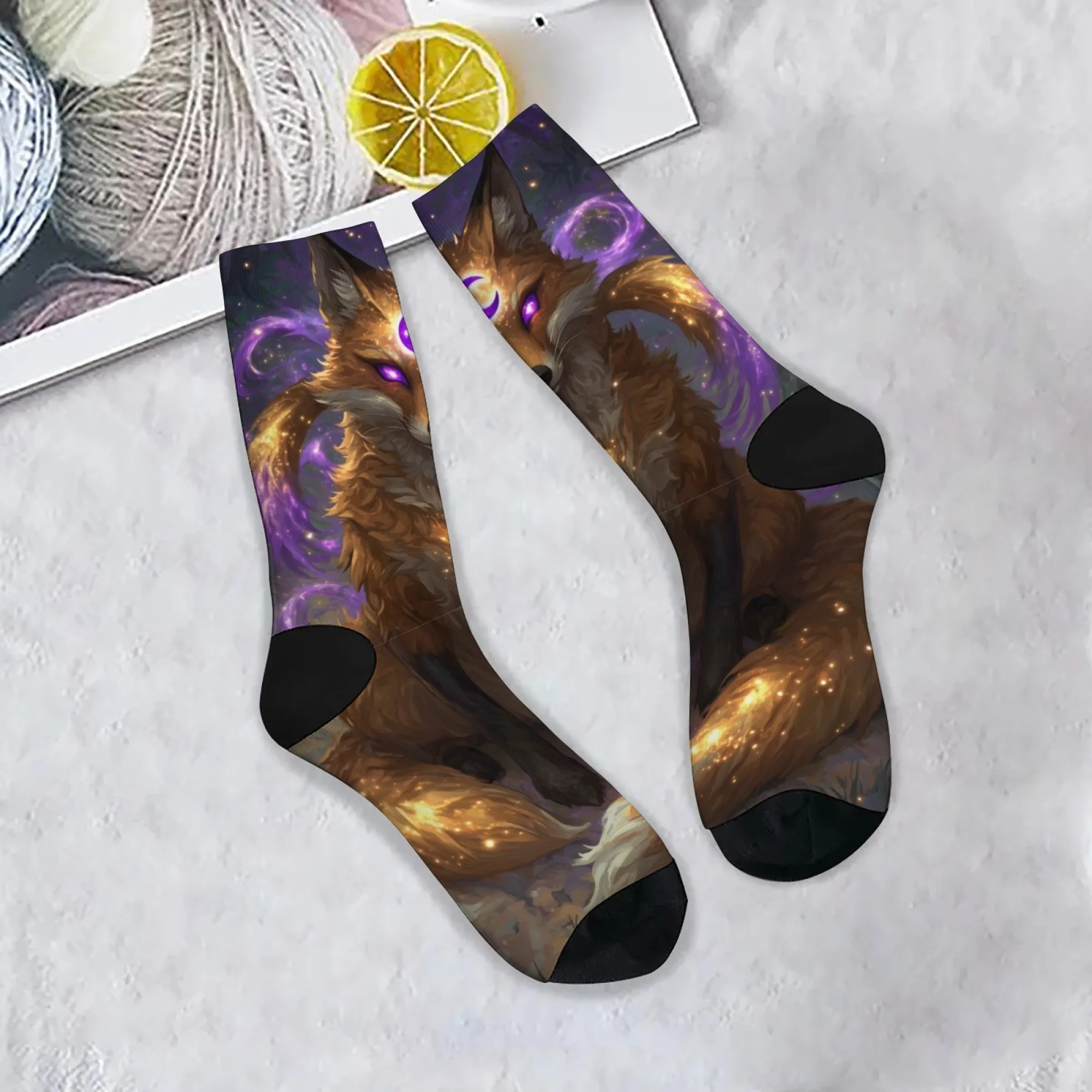 Magic Fox Print Herrensocken, bequem, atmungsaktiv, rutschfest, Freizeitsocken, Neuheit, Harajuku, Retro, Straße, Hip-Hop, Crew-Socken, Geschenk