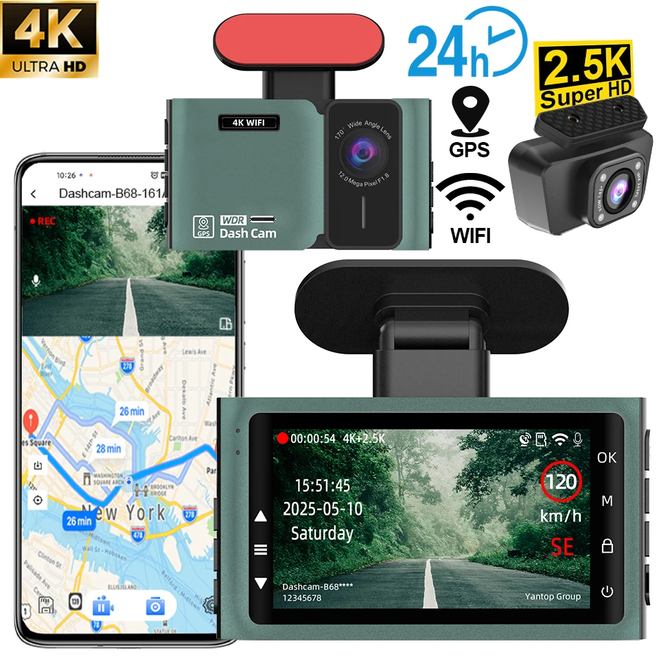 

Ultra HD 4K Car Dash Cam With Wi-Fi GPS 170° Front 150° Rear 24H Parking Monitoring Loop Recording Optional 2.5K Rear Camera