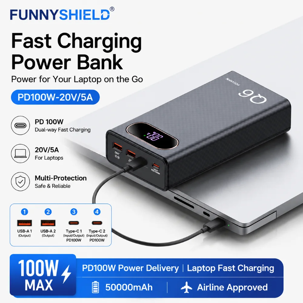 FUNNYSHIELD PD 100W Battery Storage Box 6x21700 Power Bank Case Kit Digital Display USB Type C Fast Charger Battery Holder Case
