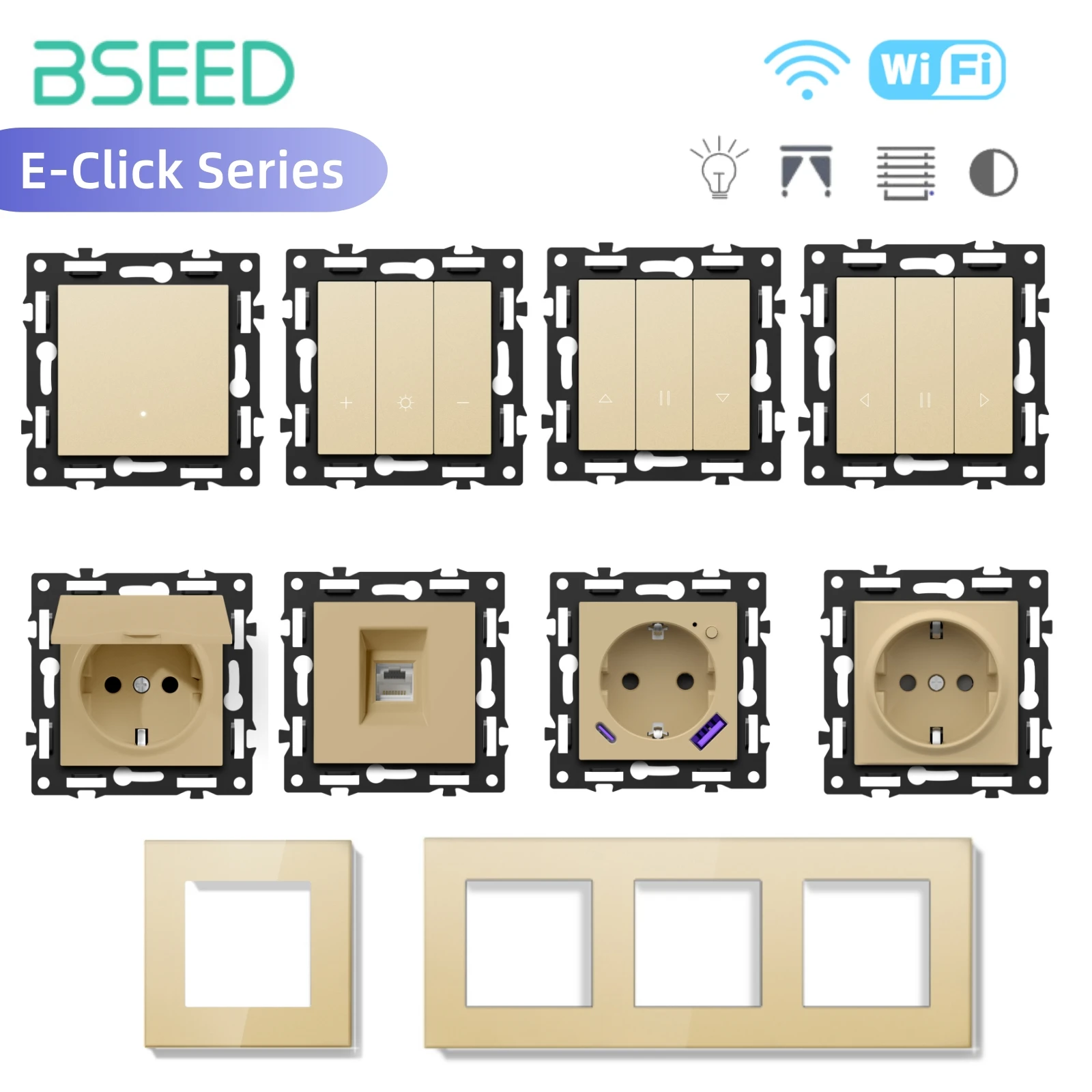 BSEED WIFI Click Switch Modules Smart Light Switch Parts Gold Glass Frame DIY Combination Wall Sockets USB Charge Key E-Series