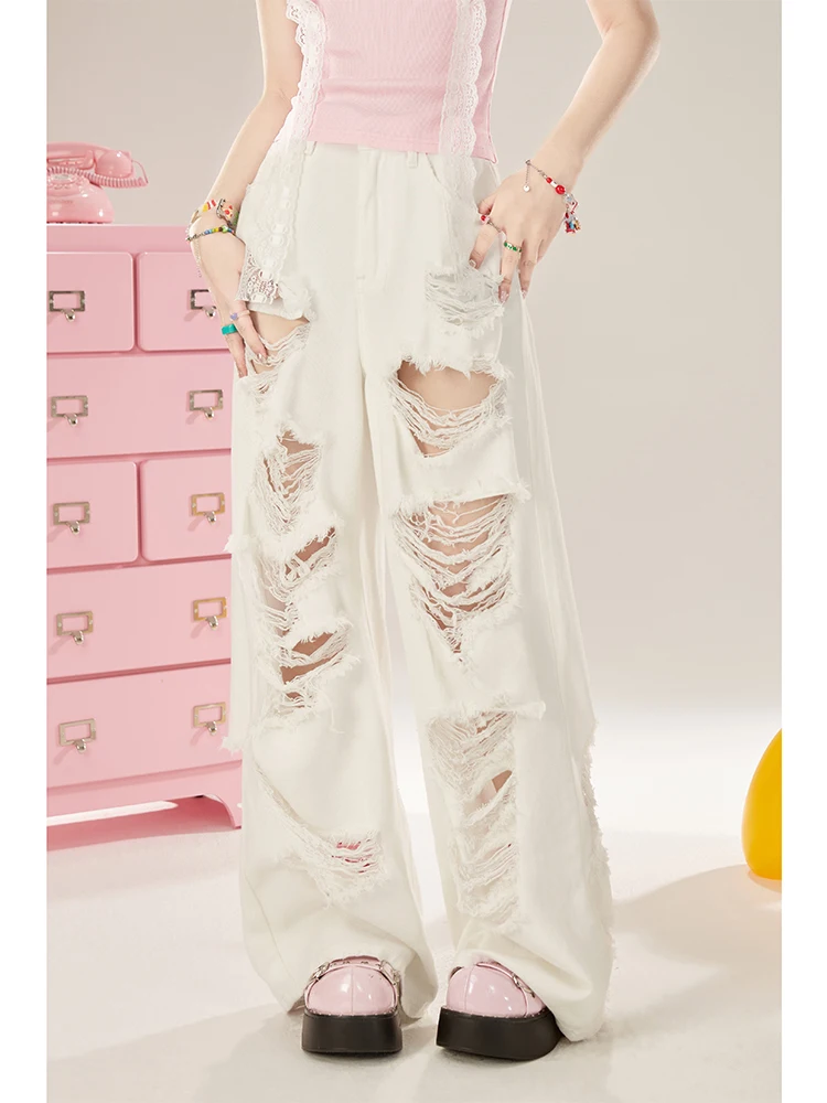 White Ripped Wide-Leg Loose Pants For Women Summer 2024 New Slimming High Waist Straight Draping Trousers Baggy Jeans Female