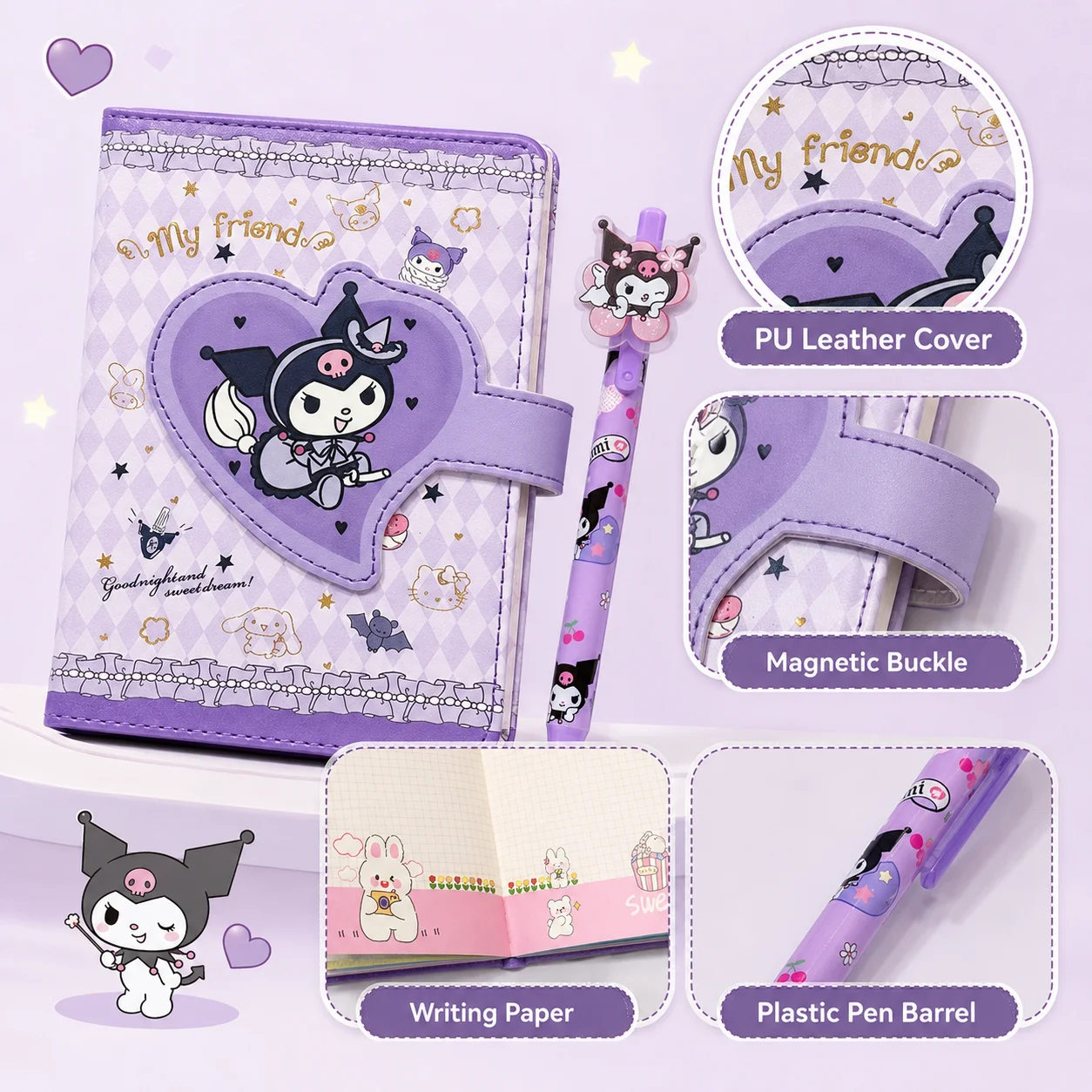 Sanrio Cute Melody Student Magnetic PU Leather Notebook Hand Ledger Notepad With Pen Stationery Gift Set Grid Inner Page Journal view 5