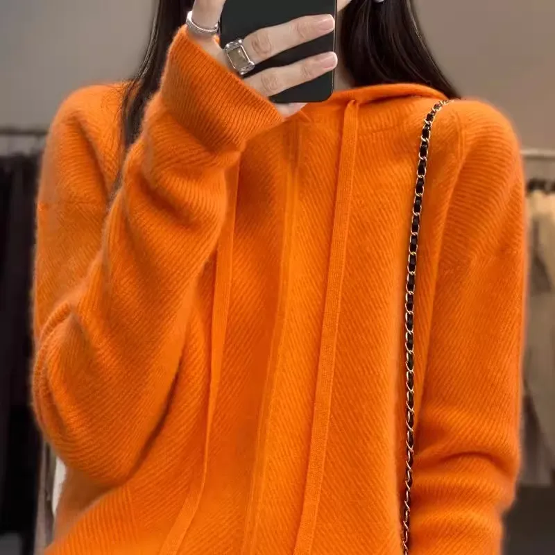 

Women's Drawstring Hooded Sweatershirt Cashmere Sweater Knitted Sweater Purple Thickened Sweater Loose Jacket Female Pullover