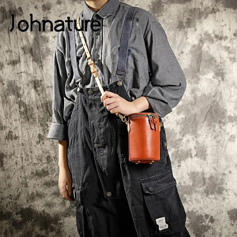 Johnature Simple Solid Color Bag Women 2024 New Genuine Leather Leisure Real Cowhide Barrel-shaped Shoulder & Crossbody Bags