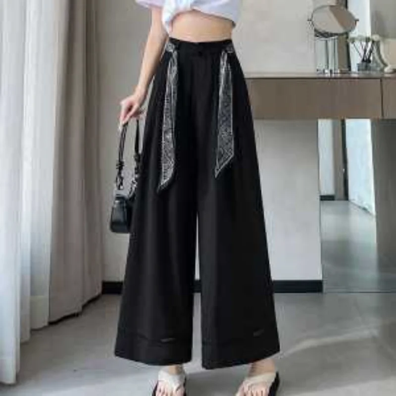 Damskie spodnie z jedwabiu lodowego i bawełny, nowe, letnie, długość 7/8, ochrona przed słońcem, koronkowe, z wysokim stanem, luźne, codzienne.