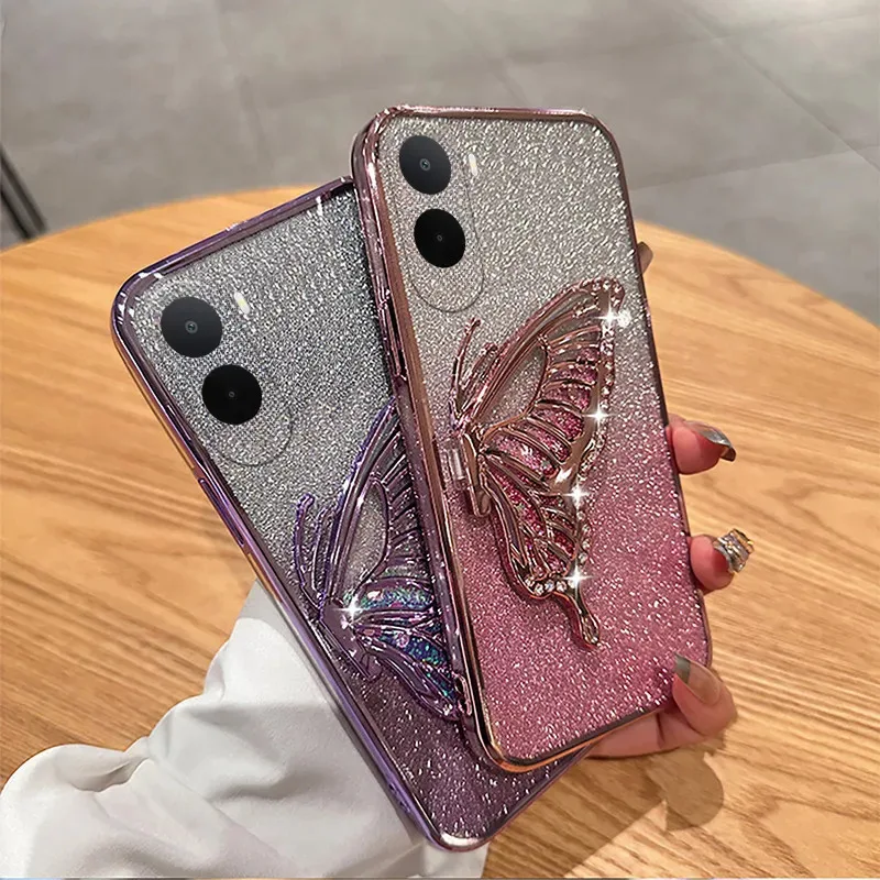 Skinlee Phone Case For Xiaomi Poco C81 Pro C71 Luxury Glitter Butterfly Holder Case For Xiaomi Poco C81 Pro C71 Soft Back Cover
