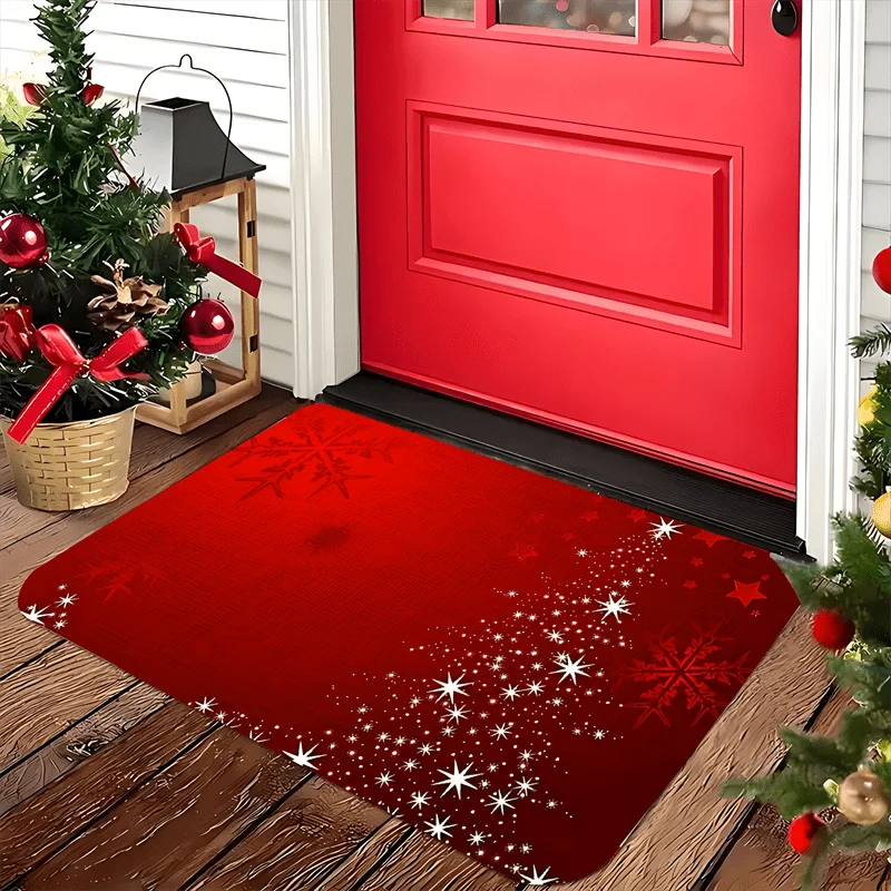 Pink Christmas Tree Gift Doormat Merry Xmas Winter Snow Scene Print Entryway Floor Mat for Front Door Indoor Holiday Home Decor