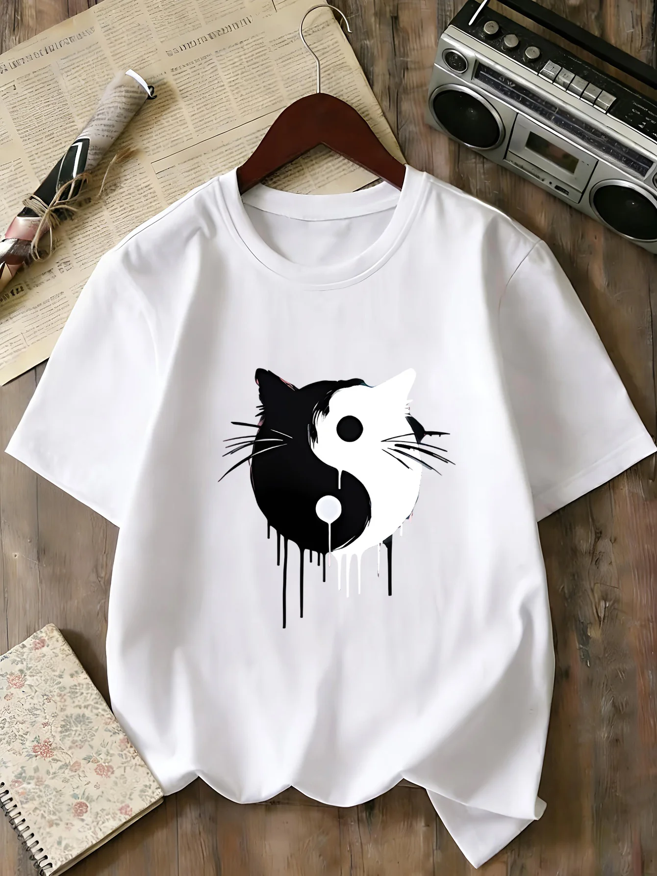 Family Matching T Shirt Dripping Yin Yang Cat Graphic Print Short Sleeve Cotton Tee For Boys Girls Kids Daily Casual Wear