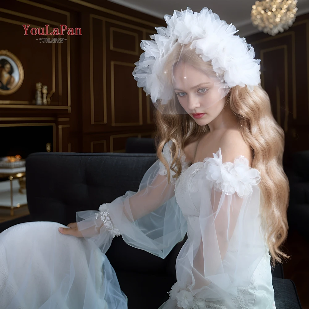 Youlapan-白い髪の花,3D,エレガント,ショート,フローラル,結婚式用,vida, 2024, va21