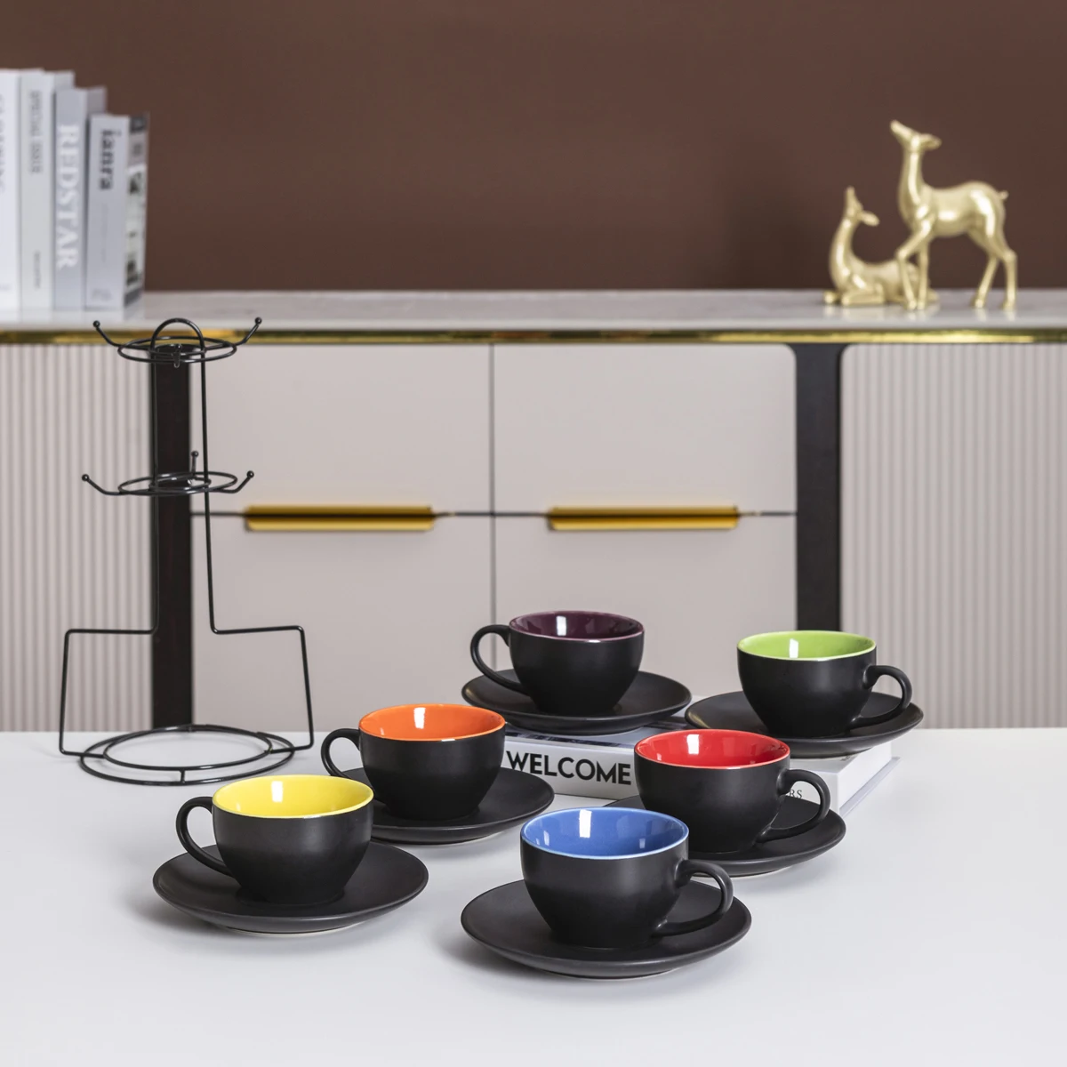 6-teiliges Set aus Keramik-Kaffeetasse und Untertasse, mattschwarzes Porzellan, Espresso-Kaffeetasse, einfaches Keramik-Becher-Set, Nachmittagstee-Tassen