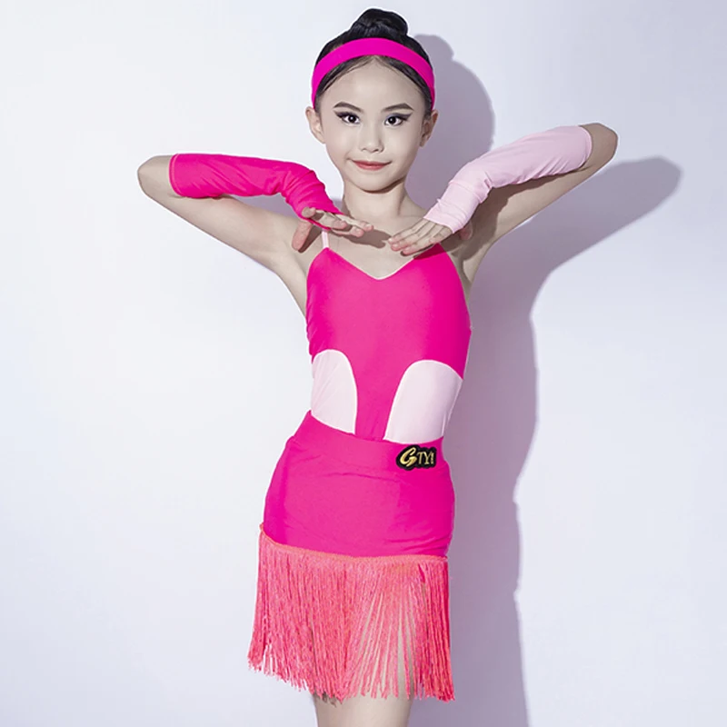 Fluorescent Pink Latin Dance Dress Girls Competition Clothing Kids Fringe Dress Cha Cah Rumba Samba Dance Costume Suit DNV20539