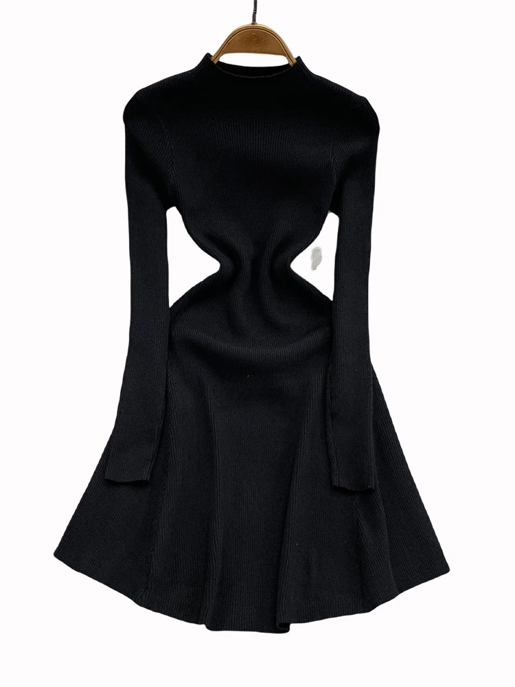 슬림 니트 미디 드레스 하프 하이 칼라 긴팔 단색 골지 미디 길이 A라인 스커트 출근룩 가을 신상