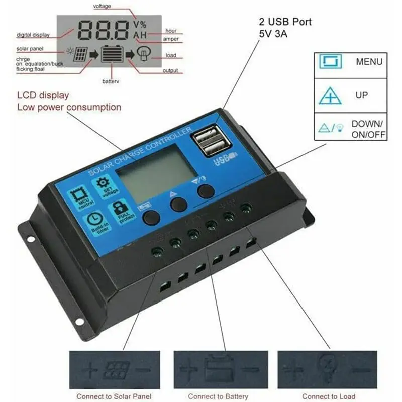 AA94-100A Solar Panel Battery Intelligent Regulator Solar Multi-Function Controller With Dual USB Port, LCD Controller